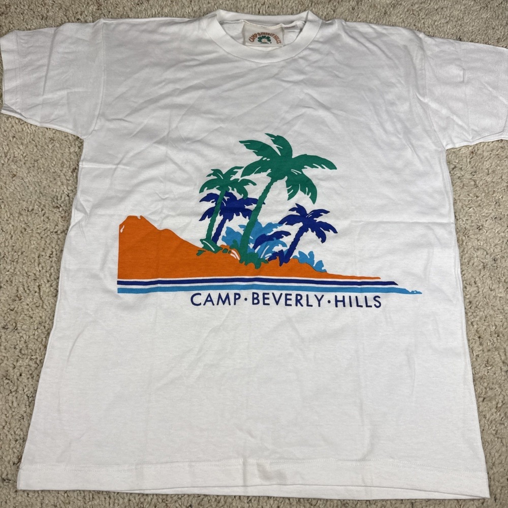 Vintage 80s Camp Beverly Hills Graphic Tee White Short Sleeve Palm‎ Trees